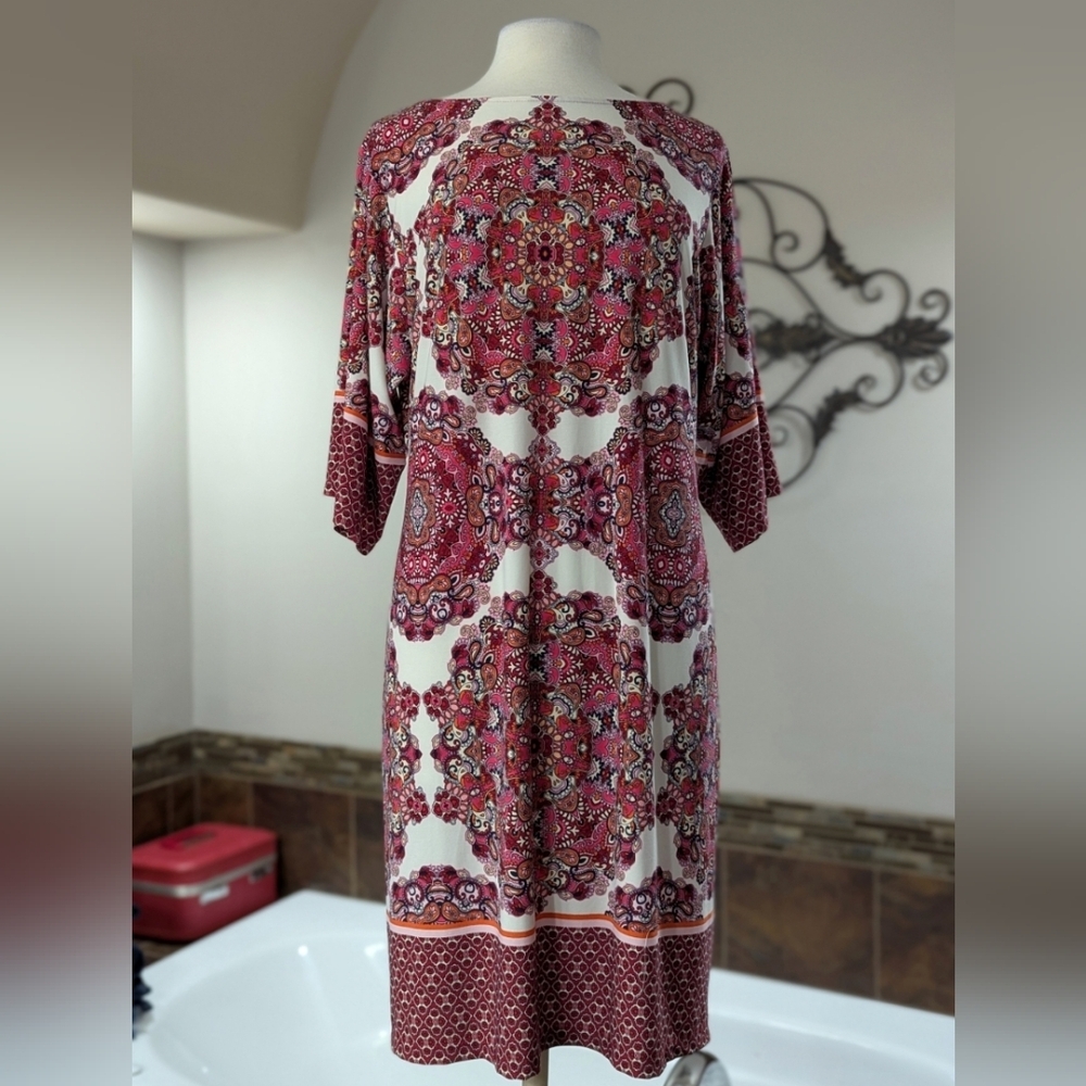 London Times Pink Red White Print Shift Dress Size 14 multicolor